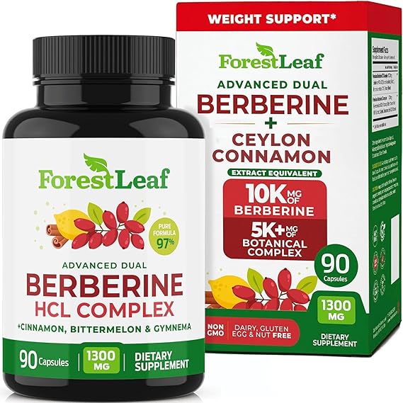 ForestLeaf Berberine Supplement - 1300mg per Serving - Ultra High Potency Berberine HCl with Ceylon Cinnamon, Bitter Melon & Gymnema - GLP-1 Weight Management Support - 90 Caps