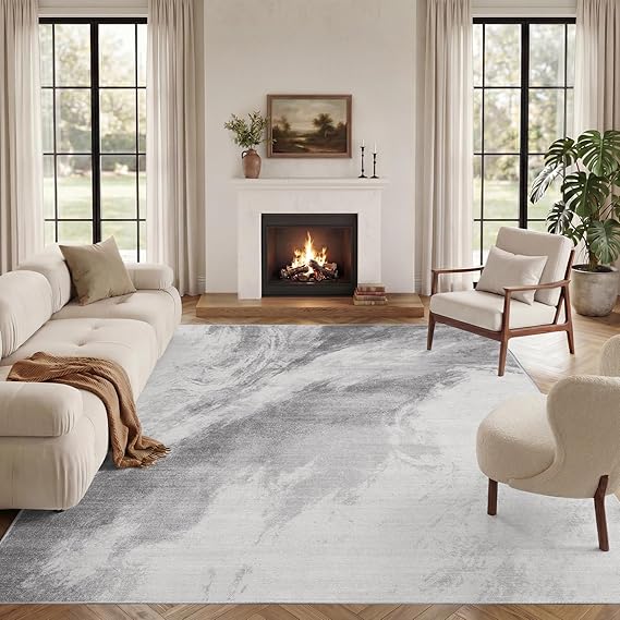 Vamcheer Machine Washable Rugs for Living Room - Large Modern Soft Faux Short Pile Area Rugs for Bedroom Dining Room Abstract Carpet for Office Non Slip Non Shedding Grey White Rug, 160x230CM