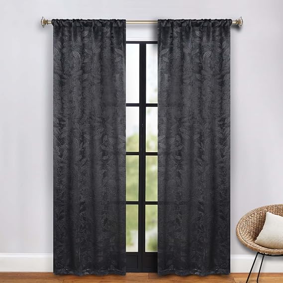 Superior Blackout Curtains, Room Darkening, Bedroom, Drapes, Kitchen, Living Room Window Accents, Sun Blocking, Thermal, 2 Pack, Leaves Blackout Curtains, Set of 2, 26" x 84", Black