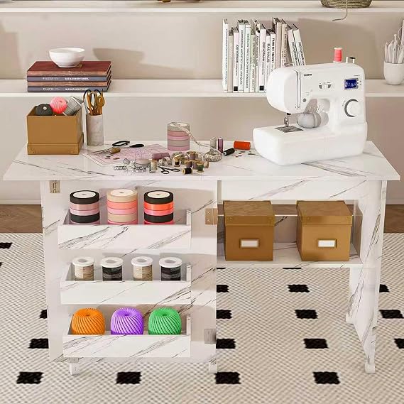 Folding Sewing Table with Storage Trays, Compact Sewing Table on Wheels, White Sewings Machine Tables Foldable with Shelves, Sewings Desk Cabinet for Embroidery Studio