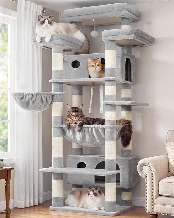 Cat Tree, 74" Tower for Large Cats, Big Condo & Hammock CCT030W | Heavy duty, 3 Big Platforms, 2 Baskets, 2 Condos, Multi-Level Scratching Posts, Indoor Cats Large Adult 20 lbs+, Light Gray