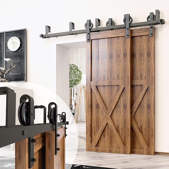 Homacer Black Rustic Double Track U-Shape Bypass Sliding Barn Door Hardware Kit, for Two/Double Doors, 4ft Long Flat Track, Spoke WheelDesign Roller