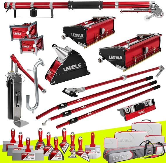 Full Drywall Taping and Finishing Set - LEVEL5 | Automatic Taper, 10/12" Flat Boxes, 3/3.5 Angle Heads, 7 Corner Applicator Box, Corner Roller, Standard Handles, Pump, Gooseneck | 4-620P
