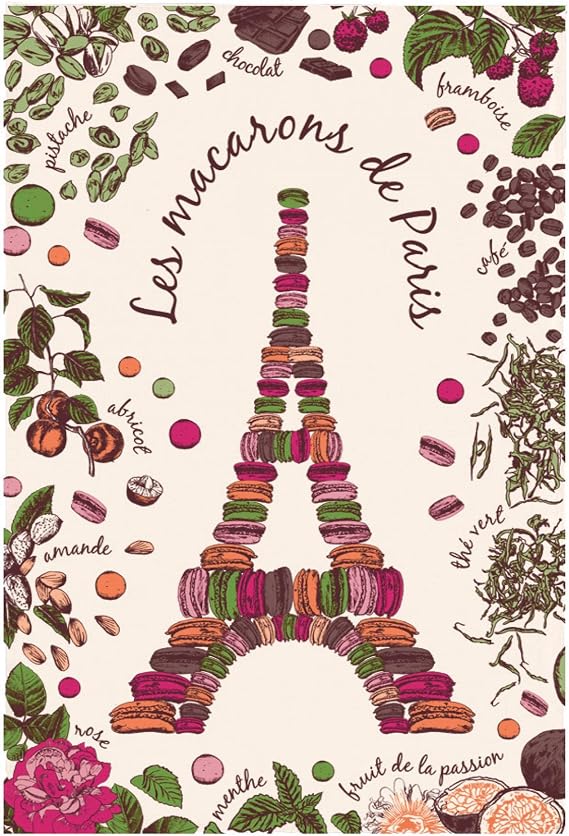 Torchons & Bouchons, Les Macarons de Paris (Eiffel Tower) Printed Kitchen / Tea Towel, 19" x 28", 100% Cotton, Made in France
