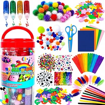 FUNZBO Arts and Crafts Supplies for Kids - Toddlers Craft Kit with Glitter Glue Stick, Pipe Cleaners, Pom Poms, Popsicle Sticks Tools, DIY School Supplies Kit, Birathday Gifts for Girls Boys Age 4+