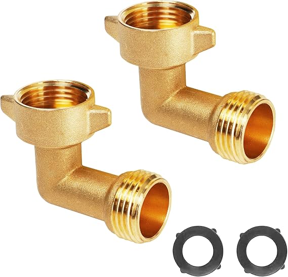 LIULO TOOL 2 Pack 90 Degree Garden Hose Elbow Connectors, 3/4" Heavy Duty Brass Hose Elbow, Hose Adapter with 2 Washers for RV Residential Outdoor Faucets