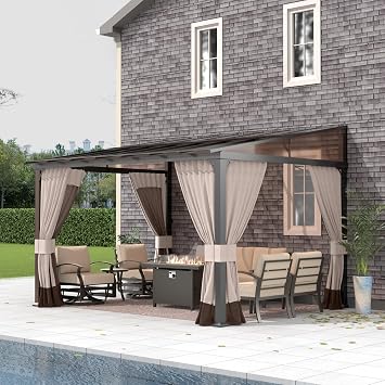 Gotland 8x5 Gazebo for Patio, Wall Mounted Gazebo Pergola, Lean to Gazebo with Sloped Roof, Galvanized Steel Metal Hardtop Pergola, Heavy Duty Awnings, Outdoor Pergola for Backyard, Porch, Deck