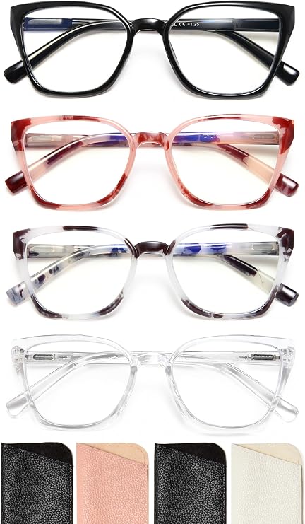 EYEURL Cat Eye Reading Glasses for Women Blue Light Blocking Readers | 4 Pack Computer Glasses Women, Anti Eye Strain/Glare/UV Rays Eyeglasses, Flexible Spring Hinges with Leather Pouch