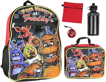 Bioworld Five Nights At Freddys 16" Backpack Lunch Box Water Bottle Lunch Kit -5 Piece Set