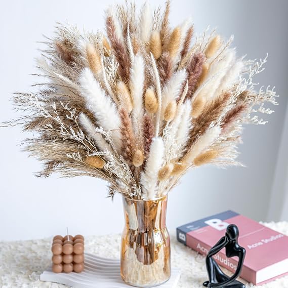 Pampas Grass Decor 100pcs pompas Grass Dried Flowers Boho Decor Western Wedding Decor Flowers Dried Pampas Grass Decor for Elegant Floral Arrangements, Home & Table (100PCS)
