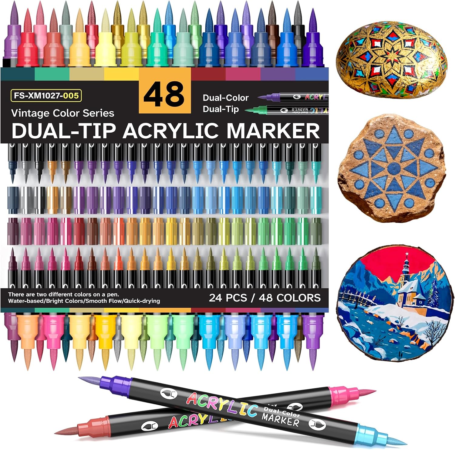 Dual Tip Dual-color Acrylic Paint Pens 24 Pcs Vintage Color Water-based Acrylic Markers for Rock Painting Wood Stone Easter Egg Quick-drying Waterproof Marker Pens for Adults (48 Colors)