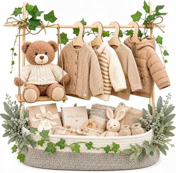 Large Baby Shower Basket Empty Baby Shower Crate Closet Woven Baskets | 16.5" x 9.5" Woven Baskets with Clothes Hangers and Gift Bag New Born Empty Storage for Welcome Gift Pregnancy New Parent