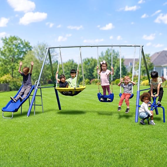 Sportspower Taylor 700lbs Galvanized Metal Swing Set for Kids for Backyard & Outdoors with Teeter-Totter, Saucer & Standing Swings, 5ft Slide, 7.55' D 13.88' W 6.07' H, Bonus Anchor Kit