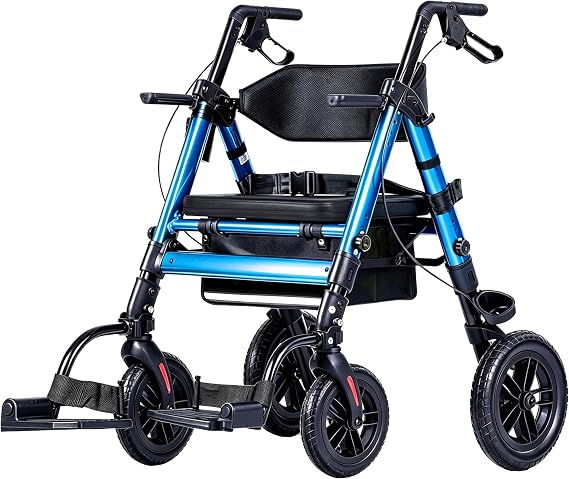 Ambliss 2-in-1 Rollator Transport Wheelchair Combo for Seniors with seat | Heavy-Duty Bariatric Walker 450lbs|10" Rear & 8" Front All Terrain Wheels|Adjustable Height|Foldable Mobility Aid for Adults