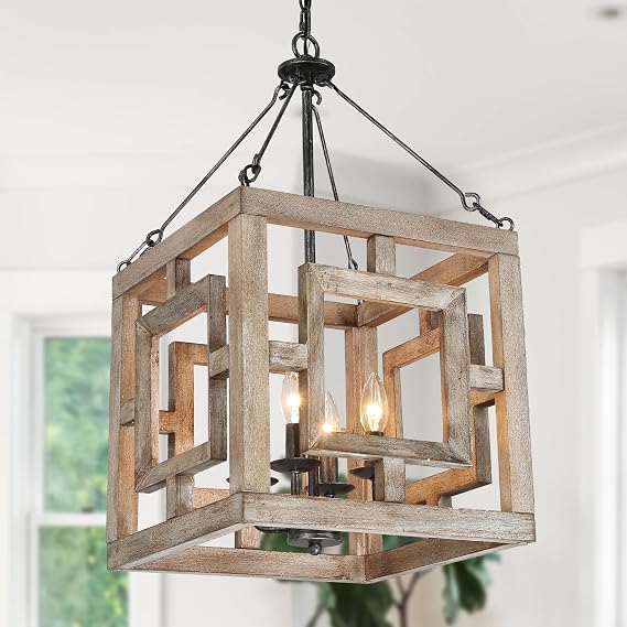 LALUZ Farmhouse Chandelier, 4-Light Rustic Wood Dining Room Chandelier Light Fixture, Cube Wooden Chandeliers for Dining Room, Living Room, Bedroom, Entryway