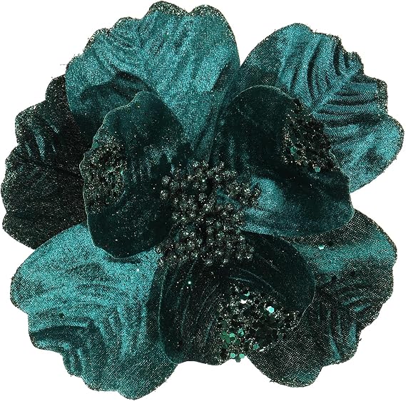 8.7’’ Large Glitter Christmas Flowers 6 Pcs Artificial Poinsettia Flower Velvet Christmas Tree Flower Ornaments Fold Floral for Christmas New Year Party Wedding Decor (Blackish Green)