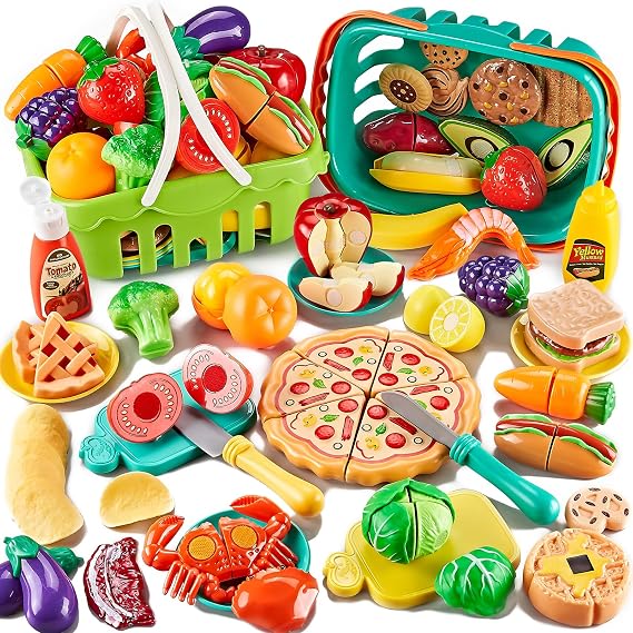 Kidsciety 85pcs Play Food Sets for Kids Kitchen, Cutting Toy with 2 Baskets