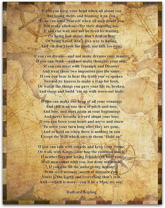 TJ Originals - If, Poem by Rudyard Kipling Vintage Wall Art- Unframed 11 x 14 Print - Inspirational Gift for Family & Friends (Sepia Map)