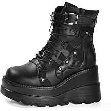 Gothniero Women's Combat Motorcycle Boots Black Platform Chunky Ankle Moto Festival Rave Goth Boots for Women Punk Emo Shoes with Metal Chains Side Zip Round Toe 36-43