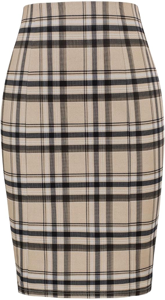 Kate Kasin Women Plaid Pencil High Waist Knee Length Bodycon Skirt