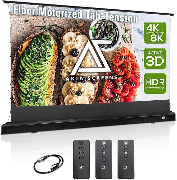 Akia Screens 102 Motorized Floor Rising Projector Screen with Remote, Tab-Tension CineWhite, UST Short & Standard Throw, Home Theater, AK-FMT102UH2