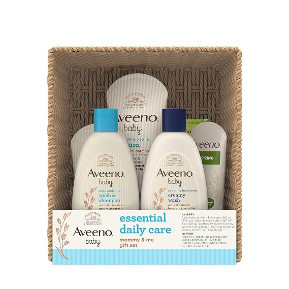 Aveeno Baby Essential Daily Care Baby & Mommy Gift Set featuring a Variety of Skin Care and Bath Products to Nourish Baby and Pamper Mom, Baby Gift for New and Expecting Moms, 7 items