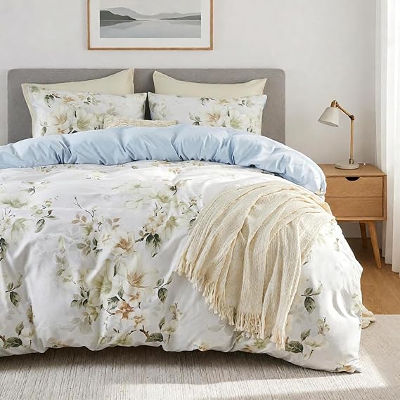 Qucover Duvet Cover Sets Super King Size, 3-Piece White Floral Bedding Set