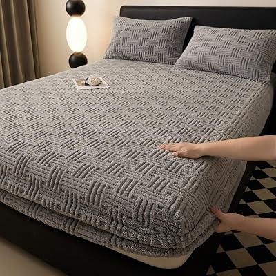 FCLDESHOP Mattress Cover,Winter Warm Crystal Velvet Mattress Protector, Solid Color Deep Pocket Mattress Topper for Single Double Bed,Grey,150  200cm28cm 3pcs