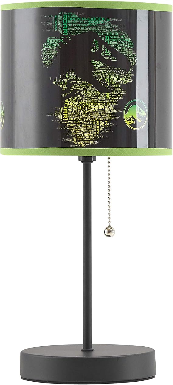 Jurassic World Stick Table Kids Lamp, with Pull Chain, Themed Printed Decorative Shade,Metal