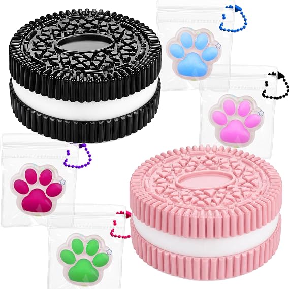 Dreamplay Taba Squishy Fidget Toys Set, 6 Pcs TPR Sensory Squishies, 2 Large Black Pink Sandwich Cookie & 4 Mini Cat Paws with Keychains for Backpacks, Tactile Relaxing Squeeze Toy Assortment