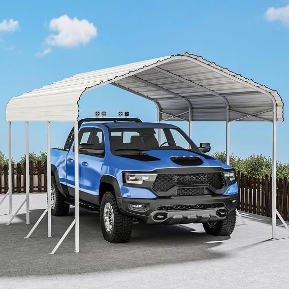 Heavy Duty Metal Carport, Reinforced Frame and Roof for All-Weather, Outdoor Galvanized Car Port with Enhanced Base for Car, Boats (Beige, 10x15 FT)
