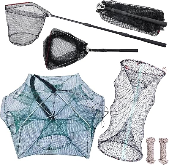 3 Pcs Foldable Fishing Net Accessories for Crab Crayfish Shrimp:Fishing Landing Net with Telescoping Pole Handle, Collapsible Crab Trap Hexagon and 2 Ropes