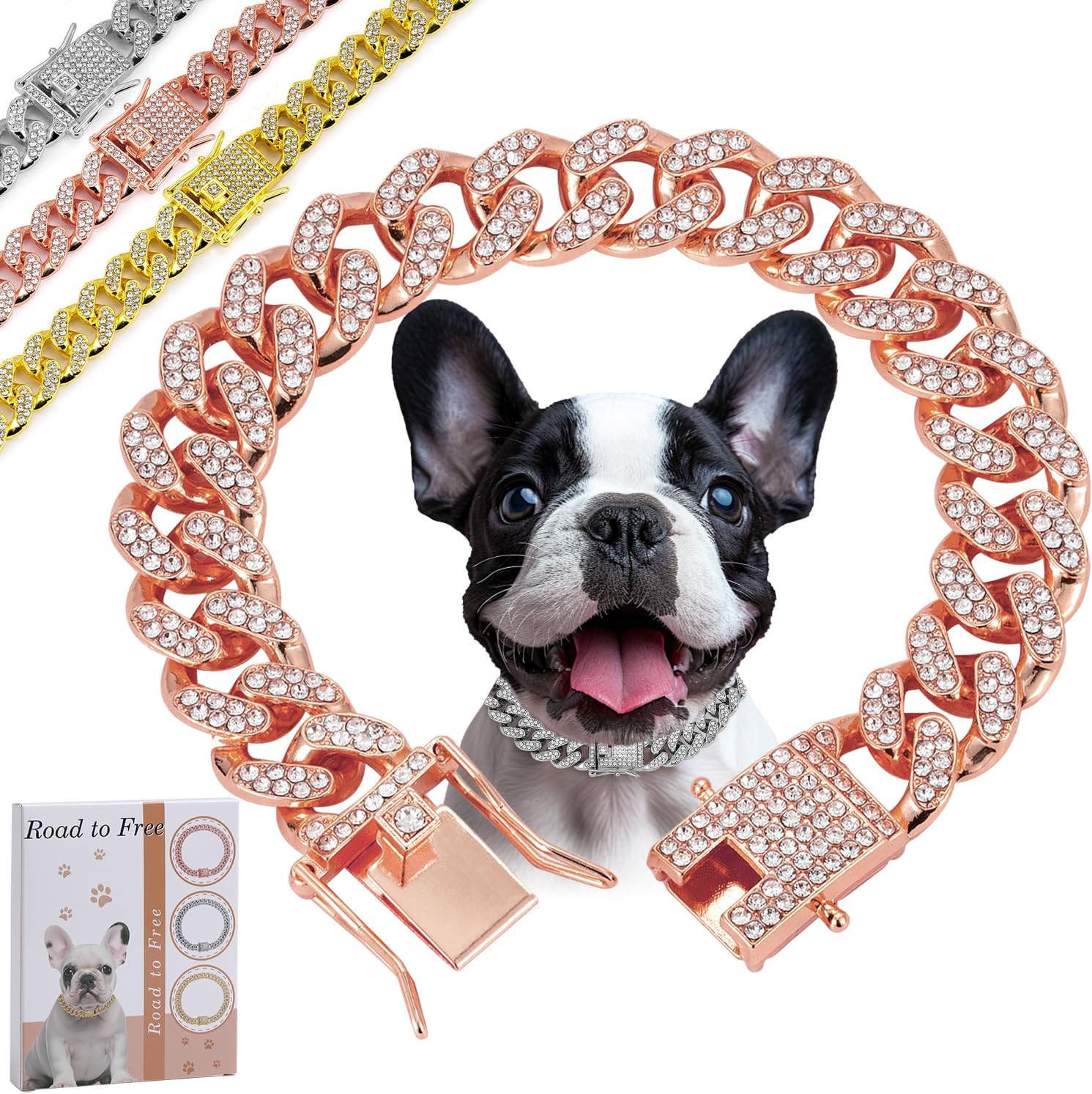 Rosegold Dog Chain Diamond Collar Walking Metal Chain Collar with Secure Buckle, Pet Cuban Style Collar Jewelry Accessories for Small Medium Large Dogs, Available in Pet Gift Rosegold, 18inch