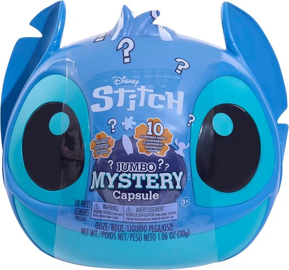 Disney Stitch Jumbo Mystery Capsule 9-Inch Figure Head Blind Box 10 Surprise Toys, Plush, Mini Figures, Accessories & Stickers Reusable Display Storage Kids Toy Ages 3 and Up by Just Play