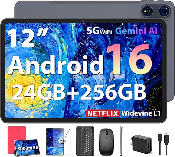 2026 Android 16 Tablet, 12 inch Tablet with Keyboard, 24GB+256GB+2TB Expand