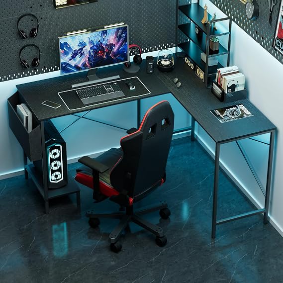 L Shaped Desk Gaming Computer 50 Inch Reversible Corner Table PC Work Table for Writing Study Student with Wood Metal Frame CPU Stand Side Bag for Home Office Small Place