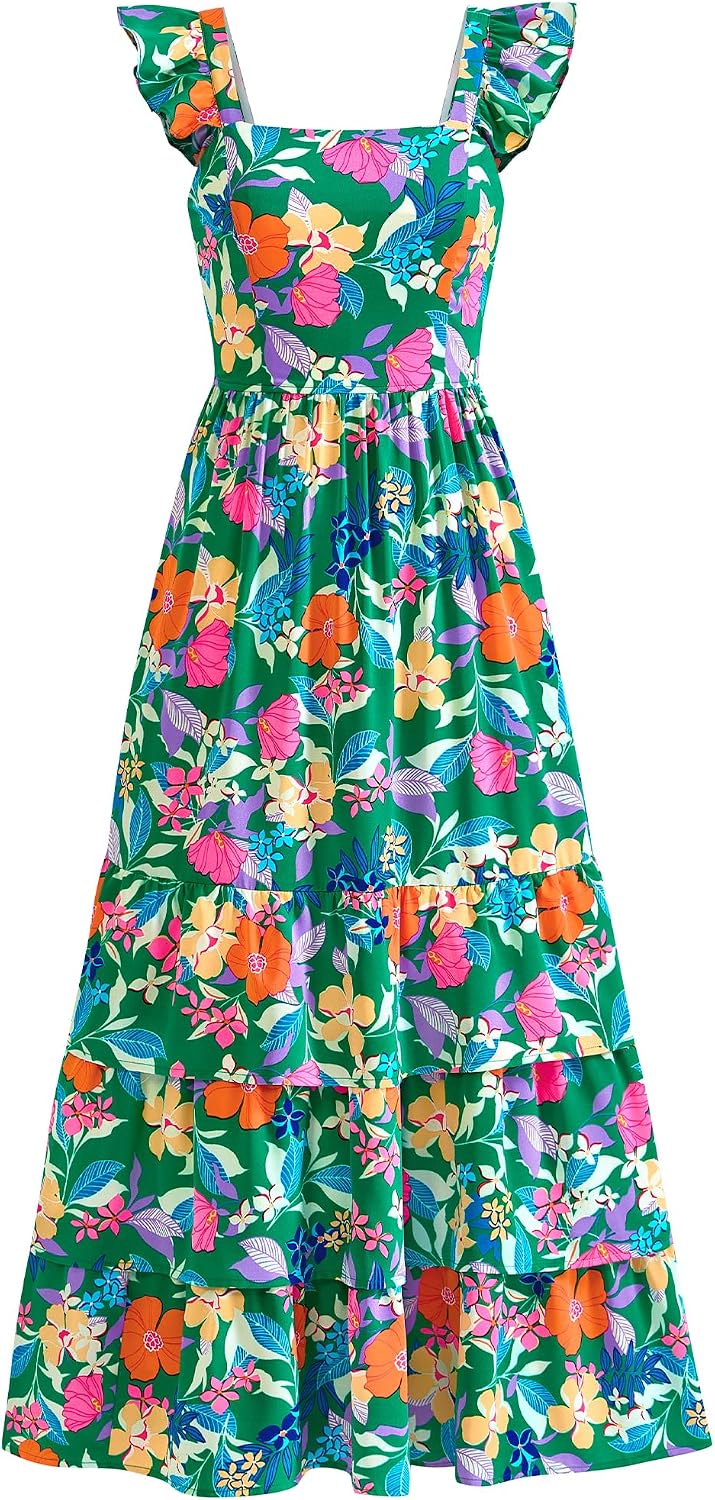 dowerme Summer Dresses for Women 2025 Casual Ruffle Smocked Tiered A-Line Boho Floral Maxi Beach Sun Dress with Pockets