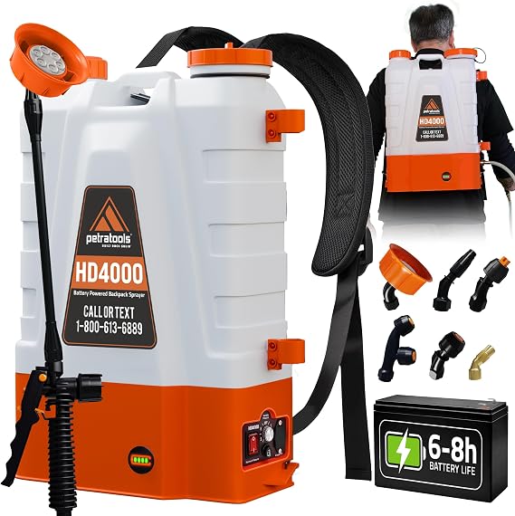 PetraTools HD4000 Battery Powered Backpack Sprayer, 6 Hr Runtime, 6 Nozzles