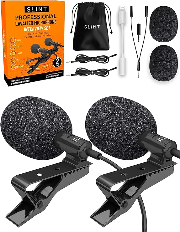 SLINT Lapel Microphone 2 Pack- Clip-On with Omnidirectional Condenser - Lavalier Mic Compatible with Android, GoPro, DSLR - Lav Mic for YouTube Recording