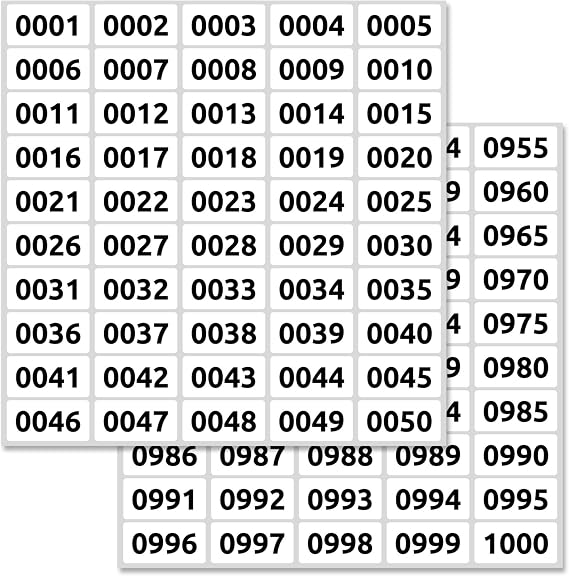1-1000 Consecutive Number Inventory Labels Stickers Sheets - 4 x 2 cm