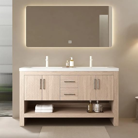60'' Bathroom Vanity with Double Sink, Freestanding Modern Bathroom Storage Cabinet with 2 Drawers and 4 Doors, White Acrylic Integrated Basin, Open Shelf, Light Oak