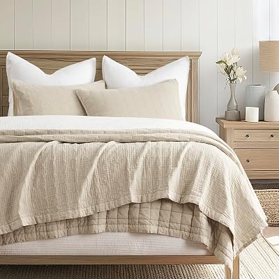 EVERGRACEHOME Stonewashed Cotton Quilt Set King Size, Ultra Soft Oversized Bedspread Coverlet Set, Lightweight Crinkle Box Stitch Bedding Sets for All Season, with 2 Shams, Flax Beige
