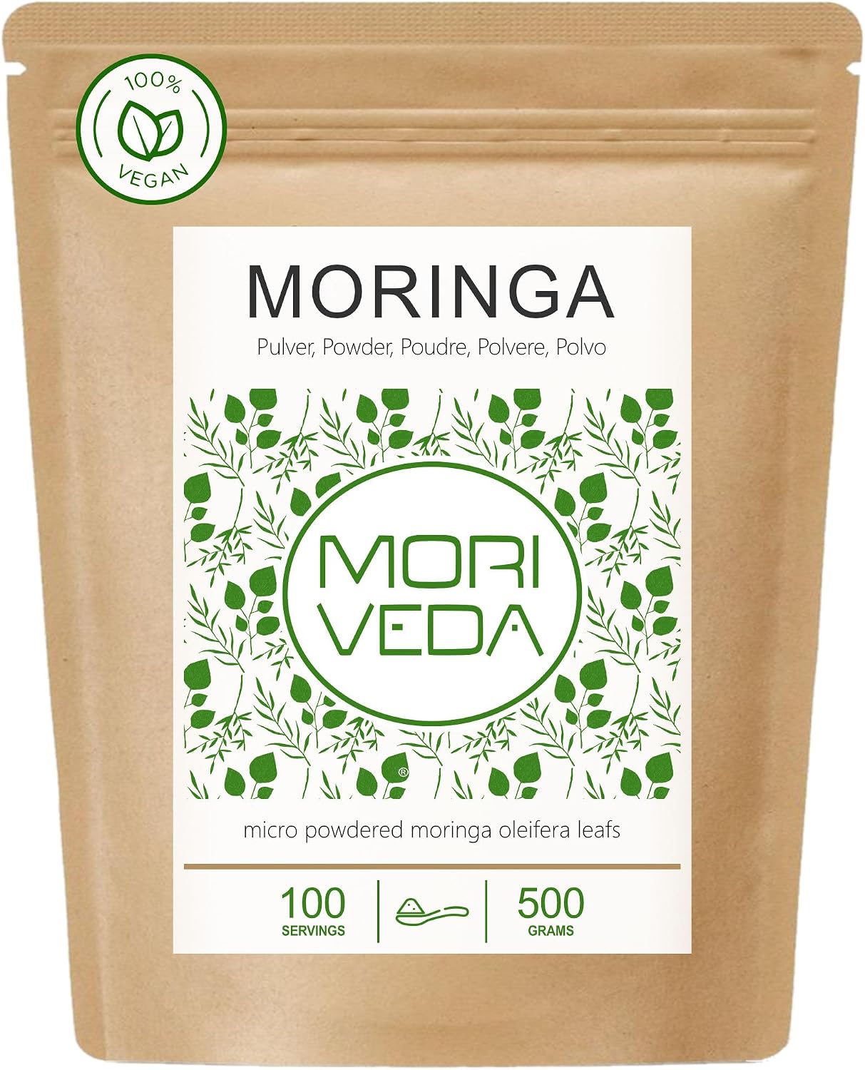 moriveda moringa powder 500 g - vegan and gluten-free - micro fine oleifera leaf powder contains vitamins amino acids micronutrients with highest bioavailability - 1 x 500 g