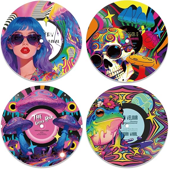 DOODLREAM Pack of 4 Colourful Vinyl Record with Love and Peace Motifs as Wall Decoration 30 cm Hippie Cartoon Wall Poster for Aesthetic Interior Design Retro Record Decoration for Music Parties