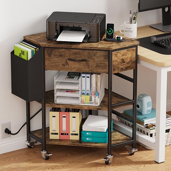 YAOHUOO Corner Printer Stand, Corner Table with Power Outlet/Fabric Drawer