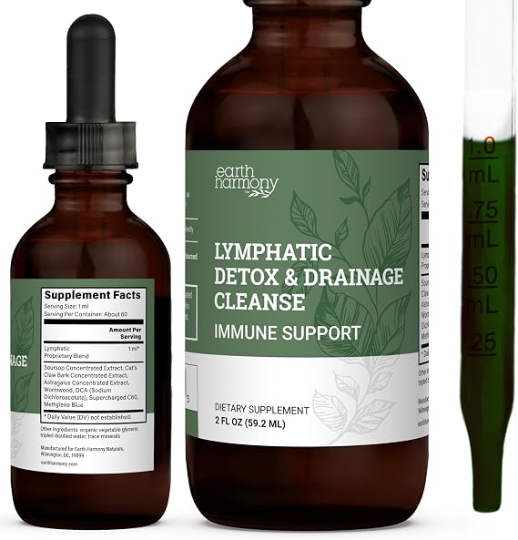 Earth Harmony Lymphatic Drainage Drops, Lymph Detox - Supplement with Soursop, Cat's Claw Bark, Astragalus, Wormwood, Lymph Node Detox, Lymphatic Support Cleanse (2 Oz)