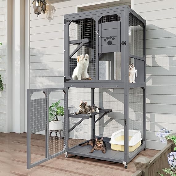 Outdoor Cat Enclosure, 4-Tier Large Cats Cage with Wheels, Window Access and Removable Bottom for Backyards Patios Balconies, Multi-Level Wooden Outdoor Indoor Catio with Resting Box
