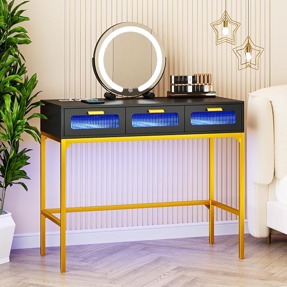 Gurexl LED Vanity Desk with Auto Sensor Lights & Charing Station (Black)