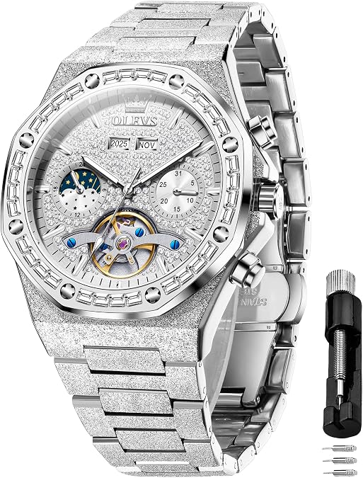 OLEVS Automatic Watch for Men 44MM Large Dial Self-Winding Diamond Waterproof Stainless Steel Wrist Watches Tourbillon Skeleton Mechanical