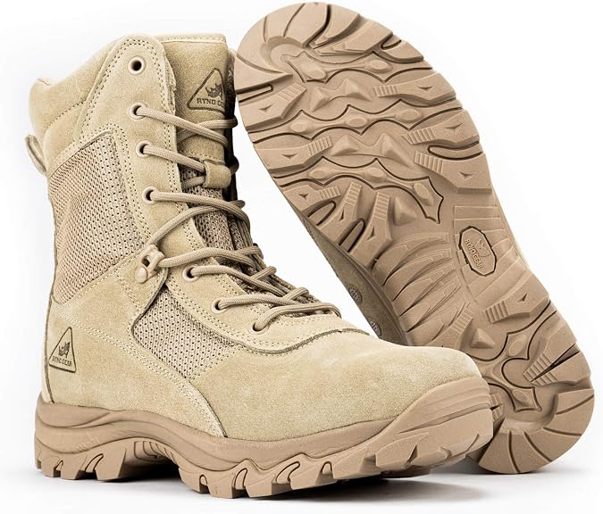 RYNO GEAR Men's Military & Tactical BootsCoolMax Tactical Combat Military BootsUtility Outdoor Hiking Assault Leather Work Boots (Tan/Coyote/Black)